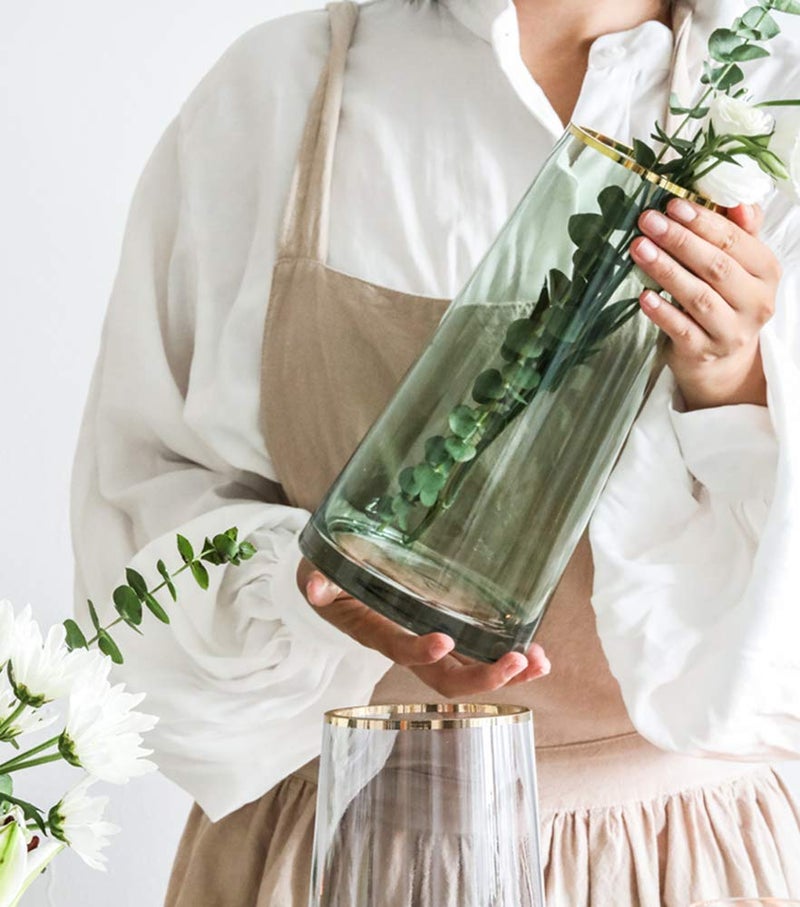 Funsoba 10â€œ Green Glass Vase with Gold Mouth for Centerpieces Home Wedding Decoration - Image 2